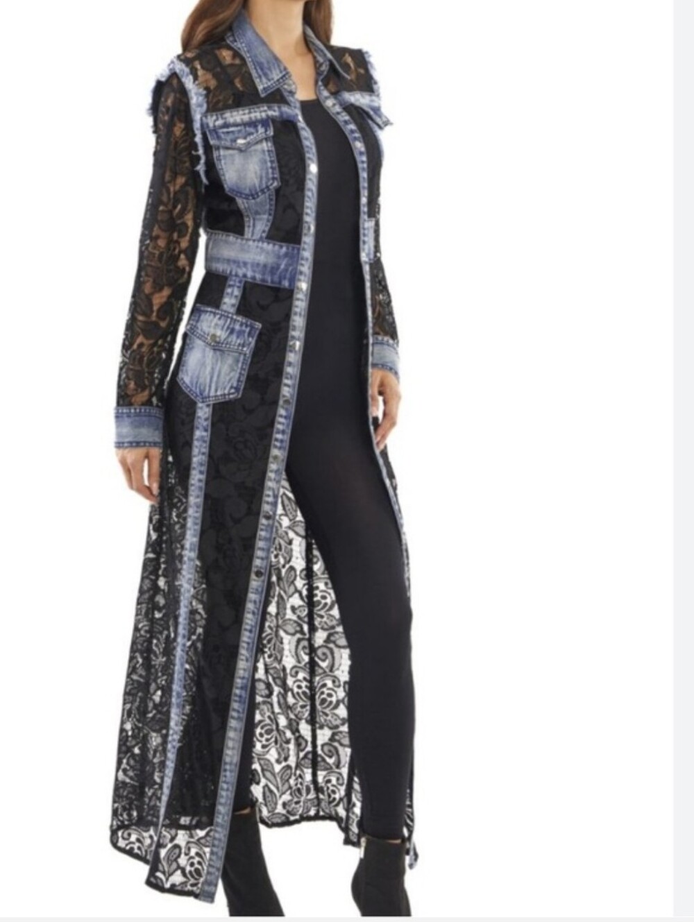 Adore Longline Lace Duster With Denim Trim NWOT